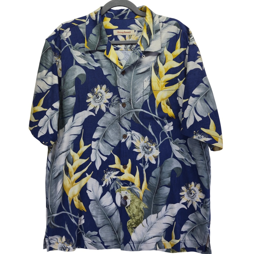 Tommy Bahama 100% Silk Hawaiian Shirt Mens Large Blue‎ Parrot Floral Resortwear